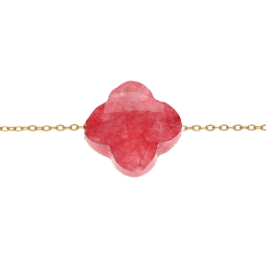 BRACELET ACIER PVD DORÉ TREFLE PIERRE IMITATION FACETÉ FUCHIA 17+3CM