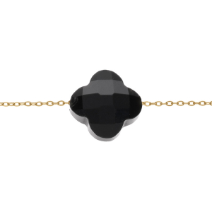 BRACELET ACIER PVD DORÉ TREFLE PIERRE IMITATION FACETÉ NOIRE 17+3CM