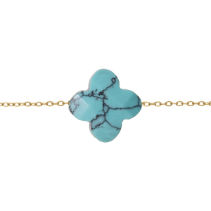 BRACELET ACIER PVD DORÉ TREFLE PIERRE IMITATION FACETÉ TURQUOISE 17+3CM