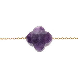 BRACELET ACIER PVD DORÉ TREFLE PIERRE IMITATION FACETÉ VIOLETTE 17+3CM