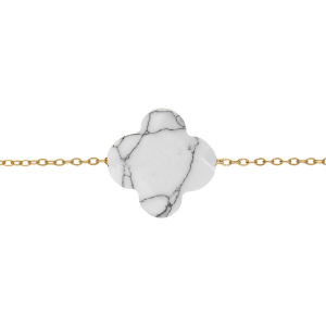 BRACELET ACIER PVD DORÉ TREFLE PIERRE IMITATION FACETÉ BLANC MARBRE 17+3CM