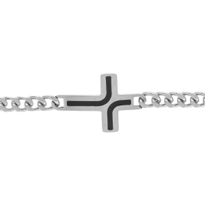 BRACELET ACIER BRILLANT MAILLE GOURMETTE 5MM AVEC CROIX RÉSINE NOIRE 21CMT