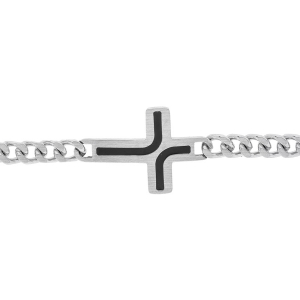 BRACELET ACIER SATINÉE  MAILLE GOURMETTE 5MM  AVEC CROIX RÉSINE NOIRE 21CM