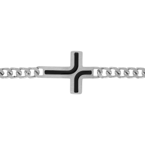 BRACELET ACIER SATINÉE  MAILLE GOURMETTE 5MM  AVEC CROIX RÉSINE NOIRE 21CM