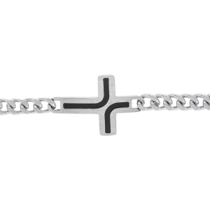 BRACELET ACIER SATINÉE  MAILLE GOURMETTE 5MM  AVEC CROIX RÉSINE NOIRE 21CM