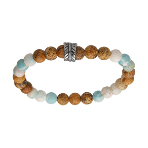 BRACELET ACIER JUNIOR BOULE ASPECT BOIS ET HOWLITE VÉRITABLE ET TURQUOISE IMITATION AVEC MOTIF