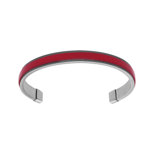 BRACELET ACIER RIGIDE OUVERT HOMME EN CUIR BOVIN VÉRITABLE LISSE ROUGE