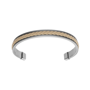 BRACELET ACIER RIGIDE OUVERT CUIR BOVIN VÉRITABLE TRESSE COULEUR BEIGE