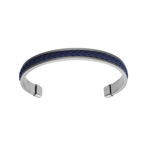 BRACELET ACIER RIGIDE OUVERT CUIR BOVIN VÉRITABLE TRESSE BLEU
