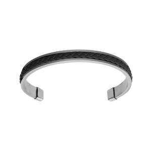 BRACELET ACIER RIGIDE OUVERT CUIR BOVIN VÉRITABLE TRESSE NOIR