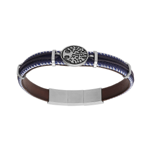 BRACELET ACIER ET CUIR BOVIN VÉRITABLE MARRON ET TISSU BLEU MOTIF ARBRE DE VIE 20.5+1CM DOUBLE FERMOIR