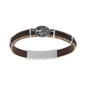 BRACELET ACIER ET CUIR BOVIN VÉRITABLE MARRON ET BLEU MOTIF ARBRE DE VIE 20.5+1CM DOUBLE FERMOIR