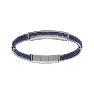 BRACELET ACIER ET CABLE CUIR BOVIN VÉRITABLE TRESSE BLEU 20+1CM DOUBLE FERMOIR