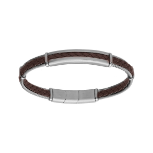 BRACELET ACIER ET CABLE CUIR BOVIN VÉRITABLE TRESSE MARRON 20+1CM DOUBLE FERMOIR