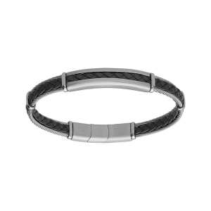 BRACELET ACIER ET CABLE CUIR BOVIN VÉRITABLE TRESSE NOIR 20+1CM DOUBLE FERMOIR
