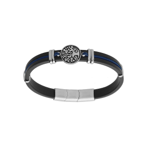 BRACELET ACIER ET CAOUTCHOUC NOIR AVEC CORDON BLEU MOTIF ARBRE DE VIE 19.5+1CM DOUBLE FERMOIR