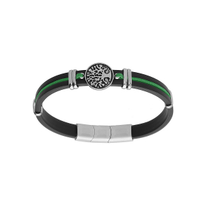 BRACELET ACIER ET CAOUTCHOUC NOIR AVEC CORDON VERT MOTIF ARBRE DE VIE 19.5+1CM DOUBLE FERMOIR