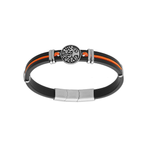 BRACELET ACIER ET CAOUTCHOUC NOIR AVEC CORDON ORANGE MOTIF ARBRE DE VIE 19.5+1CM DOUBLE FERMOIR