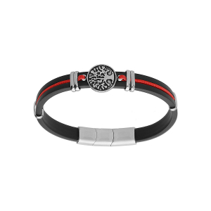 BRACELET ACIER ET CAOUTCHOUC NOIR AVEC CORDON ROUGE MOTIF ARBRE DE VIE 19.5+1CM DOUBLE FERMOIR