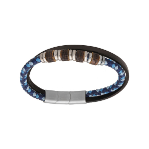 BRACELET ACIER ET CUIR BOVIN VÉRITABLE NOIR AVEC CORDON TRESSE BLEU ET MULTI RONDELLES 21+1CM DOUBLE FERMOIR