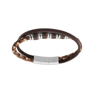 BRACELET ACIER ET CUIR BOVIN VÉRITABLE NOIR AVEC CORDON TRESSE MARRON ET MULTI RONDELLES 21+1CM DOUBLE FERMOIR