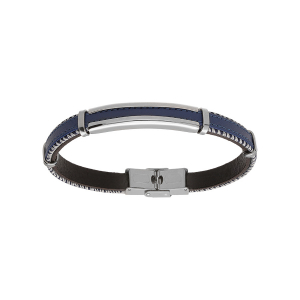 BRACELET ACIER ET CUIR BOVIN VÉRITABLE BLEU 21CM RÉGLABLE