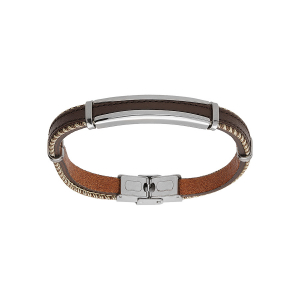 BRACELET ACIER ET CUIR BOVIN VÉRITABLE MARRON  21CM RÉGLABLE