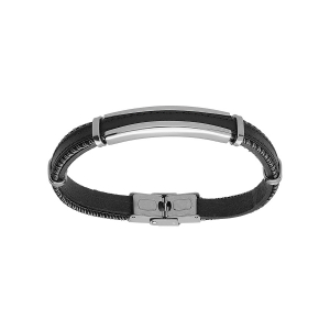 BRACELET ACIER ET CUIR BOVIN VÉRITABLE NOIR 21CM RÉGLABLE