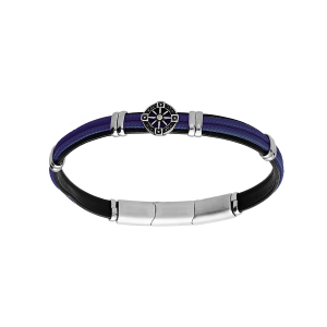 BRACELET ACIER ET CUIR BOVIN NOIR CORDON BLEU  ET MOTIF ROUE 20+1CM DOUBLE FERMOIR