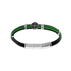 BRACELET ACIER ET CUIR BOVIN NOIR CORDON VERT ET MOTIF ROUE 20+1CM DOUBLE FERMOIR