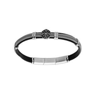 BRACELET ACIER ET CUIR BOVIN NOIR CORDON GRIS ET MOTIF ROUE 20+1CM DOUBLE FERMOIR
