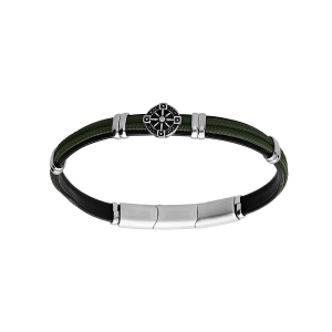 BRACELET ACIER ET CUIR BOVIN NOIR CORDON KAKI ET MOTIF ROUE 20+1CM DOUBLE FERMOIR