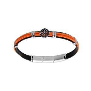 BRACELET ACIER ET CUIR BOVIN NOIR CORDON ORANGE ET MOTIF ROUE 20+1CM DOUBLE FERMOIR