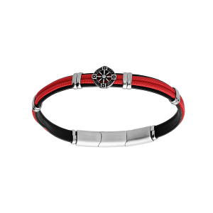 BRACELET ACIER ET CUIR BOVIN NOIR CORDON ROUGE  ET MOTIF ROUE 20+1CM DOUBLE FERMOIR