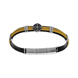 BRACELET ACIER ET CUIR NOIR BOVIN CORDON JAUNE ET MOTIF ROUE 20+1CM DOUBLE FERMOIR