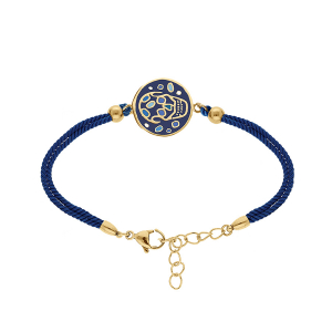 BRACELET ACIER DORÉ JAUNE STELLA MIA TETE DE MORT RÉSINE NOIRE ET BLEU  CORDON NOIR 16+3CM