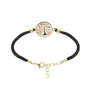 BRACELET ACIER DORÉ JAUNE STELLA MIA ARBRE DE VIE RÉSINE CORDON NOIR 16+3CM