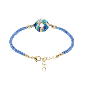 BRACELET ACIER DORÉ JAUNE STELLA MIA ANNEAU RÉSINE CORDON BLEU CIEL  16+3CM