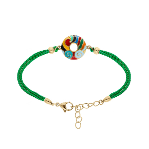 BRACELET ACIER DORÉ JAUNE STELLA MIA ANNEAU RÉSINE MULTI COULEUR CORDON VERT  16+3CM