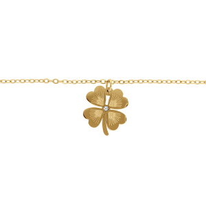 BRACELET ACIER PVD DORÉ TREFLE AVEC 1 OXYDE BLANC 16+3CM