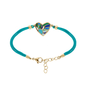 BRACELET ACIER DORÉ JAUNE STELLA MIA COEUR RÉSINE BLEU VERT CORDON BLEU TURQUOISE  16+3CM