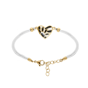 BRACELET ACIER DORÉ JAUNE STELLA MIA FORME COEUR RÉSINE BLANCHE ET NOIRE CORDON BLANC  16+3CM