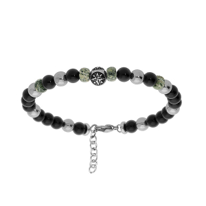 BRACELET ACIER MOTIF ET BOULES ET PIERRES VÉRITABLES LABRADORITE ET ONYX 19+2.5CM