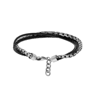 BRACELET ACIER 3 RANGS 2 FILS IMITATION CUIR NOIR 19+2CM