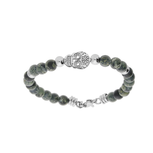 BRACELET ACIER BOULES ET JASPE VERT VÉRITABLE AVEC TETE DE MORT  18+3CM