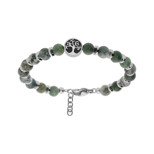 BRACELET ACIER BOULES JASPE VÉRITABLE VERT AVEC ARBRE DE VIE 18+3CM