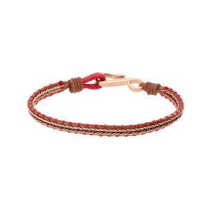 BRACELET ACIER ET PVD ROSE CUIR BOVIN MARRON VÉRITABLE CORDON ROUGE AVEC CHAINETTE PVD ROSE 18CM