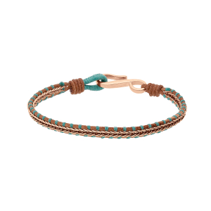 BRACELET ACIER ET PVD ROSE CUIR BOVIN MARRON VÉRITABLE CORDON TURQUOISE AVEC CHAINETTE PVD ROSE 18CM