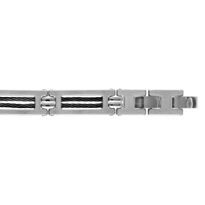 BRACELET ACIER ET DOUBLE CABLE NOIR 19,5CM+1 REGLABLE DOUBLE FERMOIR