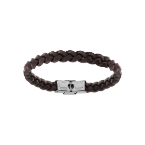 BRACELET ACIER ET CUIR BOVIN TRESSE MARRON   20CM